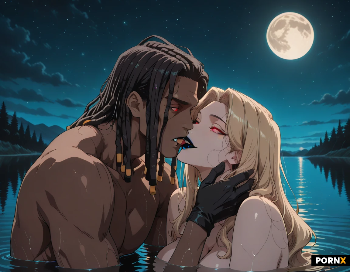 Anime-style portrait of a naked man and woman kissing while swimming in a lake, lower half of the man and woman's bodies submerged in water, (Woman: pale-skinned vampire woman with long wavy blonde hair and soft curls, glowing red eyes, sharp fangs, black lipstick, gloved hands, large breasts, (Man: Handsome, muscular, dark man with black dreadlocks hair), under a night sky full of bright stars, camera view from a far distance, full moon, gothic atmosphere, detailed anime art style, high quality
