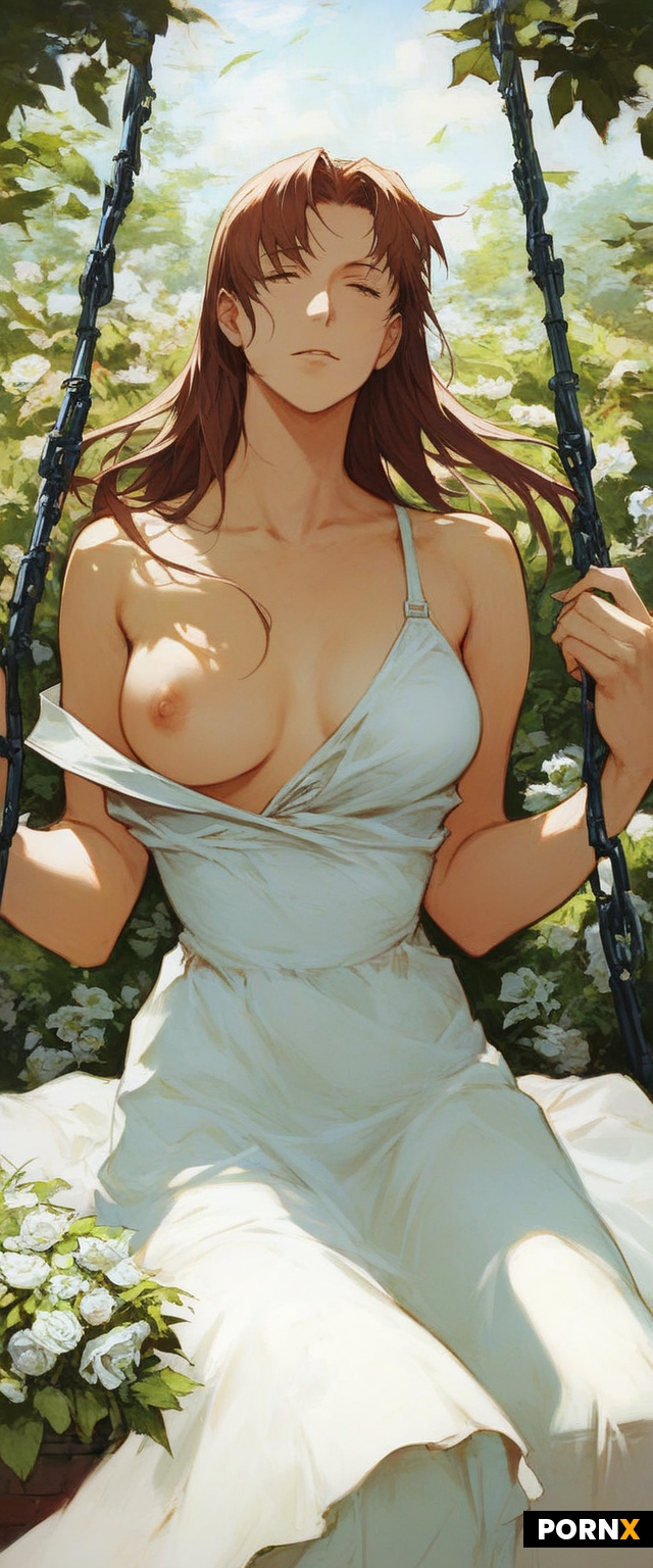Fate stay night anime style woman sitting on swing in a garden