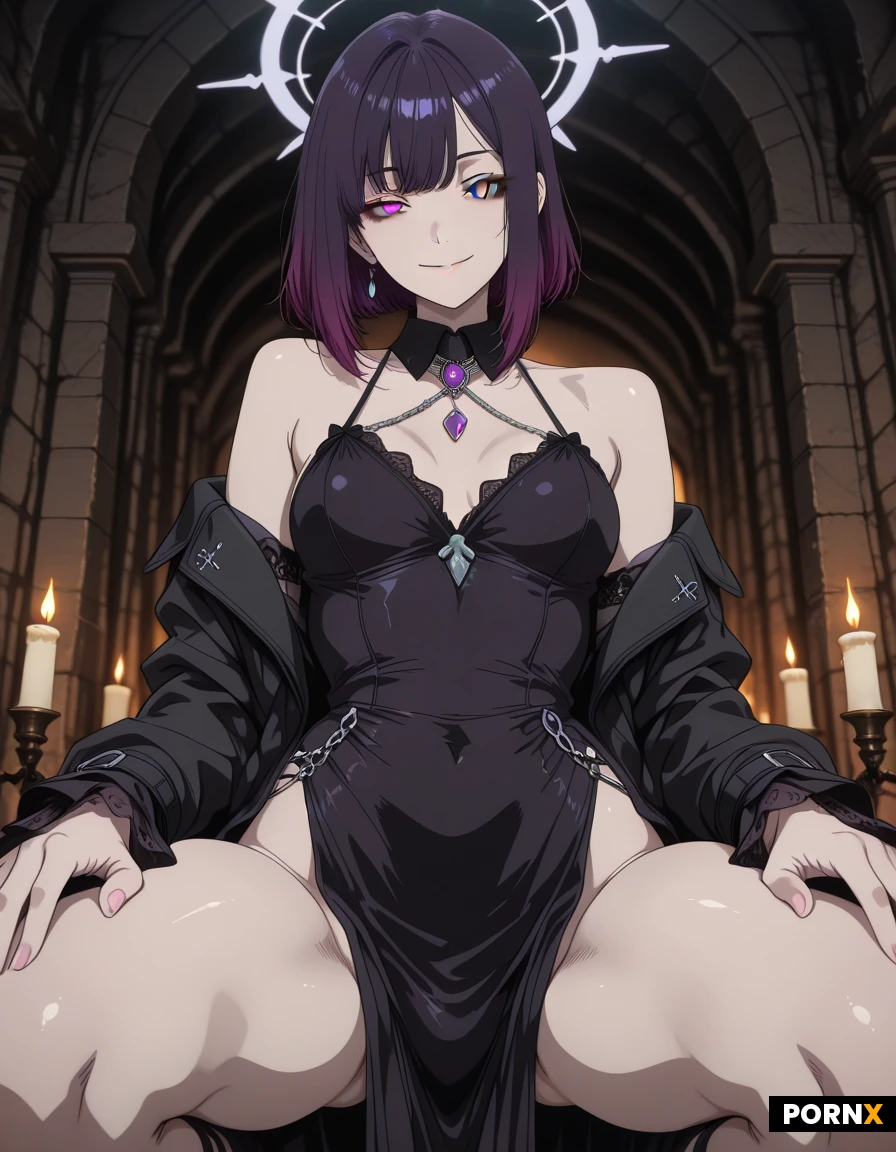 A tall, lithe androgynous man with short dark-purple hair tipped in bright pink-purple, gazes directly at the viewer with heterochromatic eyes — one pale blue, one deep red. His calm neutral expression is softened by a faint enigmatic smile and flawless pale skin. He is in a low squat with legs slightly apart, hands resting on his knees. His high-collared black gothic coat is slipped off his shoulders, leaving a large ruffled pink cravat, silver chains and a purple jewel pendant. The coat fabric and a fold of the cravat partially drape over his lower body, softly covering most of his groin while still revealing a glimpse of his smooth erect cock and tight balls. Soft rim lighting and warm candlelight create gentle shadows and a soft halo around his hair. Shot from a slightly low angle with shallow depth of field focused on his eyes, set in a dim vaulted gothic chamber with stone arches and flickering torches. Elegant, artistic, detailed.