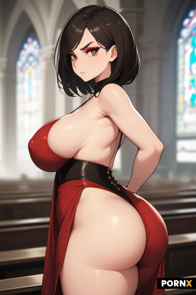 Woman, Church, Model pose, Dress, Decollete, Intricate clothes, Makeup, Wide jaw, Black hair, Brunette hair, Pixie cut, Black eye color, Brown eye color, Thick, Busty, Large breasts, Natural breasts, Rounded ass, Big ass, 40 Years old, White, Serious face, Closeup Portrait, Red skin, Long eyelashes