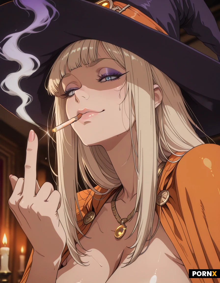 Close-up portrait of a 20-year-old light-blonde Caucasian witch named HANNA, her long straight hair bathed in bright midday sun, blue eyes rimmed with lavender eyeshadow and thick mascara, a sly, suggestive smile pulling her rosy cheeks as she holds a lit cigarette between her full, glistening lips, the tip glowing reddish-orange with wisps of smoke spiraling upward. She is completely nude, her golden-orange, healthy complexion shimmering under the sunshine, her enormous, buxom breasts prominently displayed beneath a traditional pointed witch hat and an orange velvet cape fastened at the neck, from which a gold necklace dangles a large pendant spelling "HANNA" in bold letters. With her left hand she flips the bird using her middle finger, adding a feisty, playful attitude, while the camera captures her from a slightly low angle with shallow depth of field and soft rim lighting accentuating the curve of her body and the glint of the pendant. The scene is filled with Halloween motifs in the background, rendered in high-resolution cinematic photography style, with warm saturated colors and crisp detail highlighting the cigarette's ember, the curling smoke, and the sun-kissed hair.