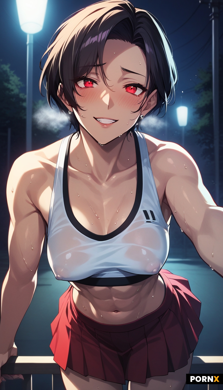 one sweaty Japanese female with white short hair and red eyes leaning forward looking at viewer blus