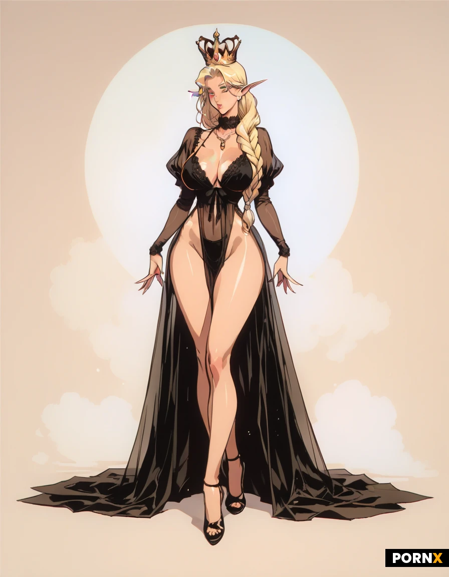 Woman, elf, elf queen, bimbo, crown, blonde, braided hair, huge round perky tits, small waist, stiletto heels, big ass, nightgown.
Full body portrait, high detail, anime art style, elegant bedroom background