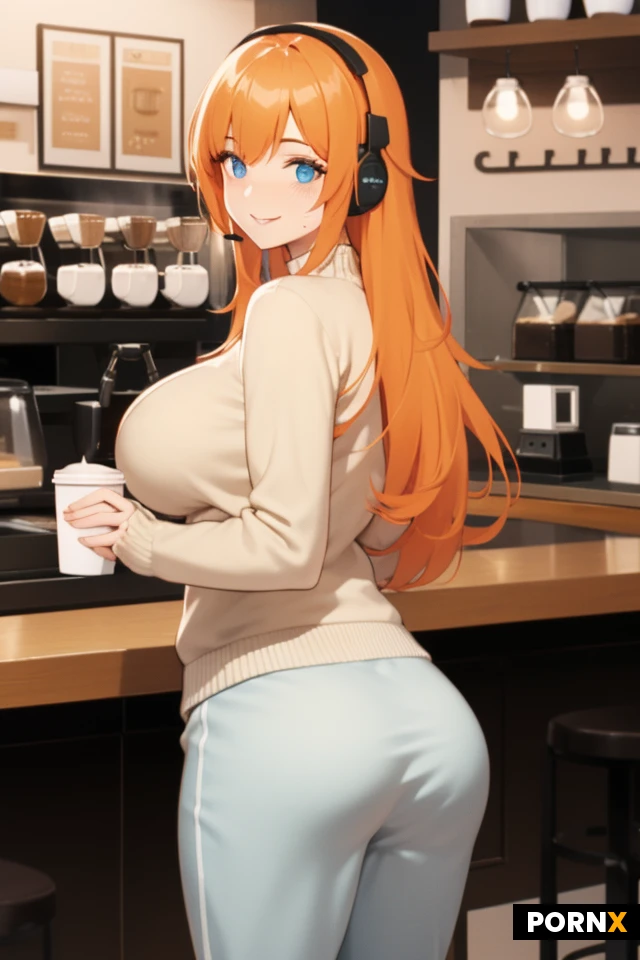 orange hair, black headphones, light blue eyes, wool white sweater, black sweatpants, large breasts, large ass, standing, sincere smile, coffee shop, coffee cup,
