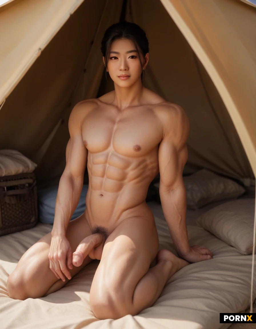 Anime. Crossdresser Femboy. Twink Asian.. inside the tent. Bulk physique.. athletic buff. (Muscular :1.3). Maximum steroid usage. Naked small cock. Desert
