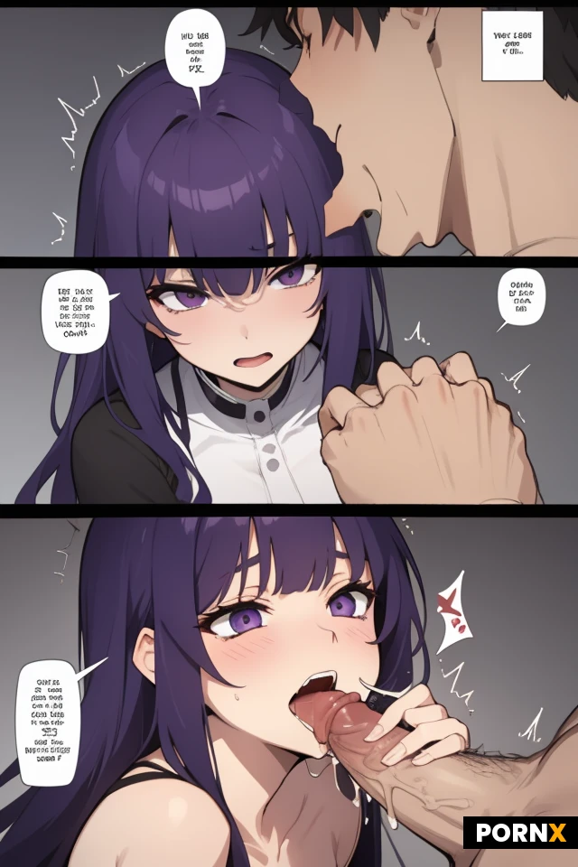 One man and one woman, a purple-haired girl being fucked by a strong, thin, wheat-skinned, black-haired man, her expression lewd, ejaculating into orgasm. ahego face.