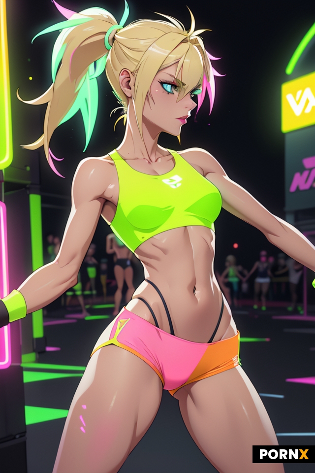 Skinny blonde woman with long ponytail