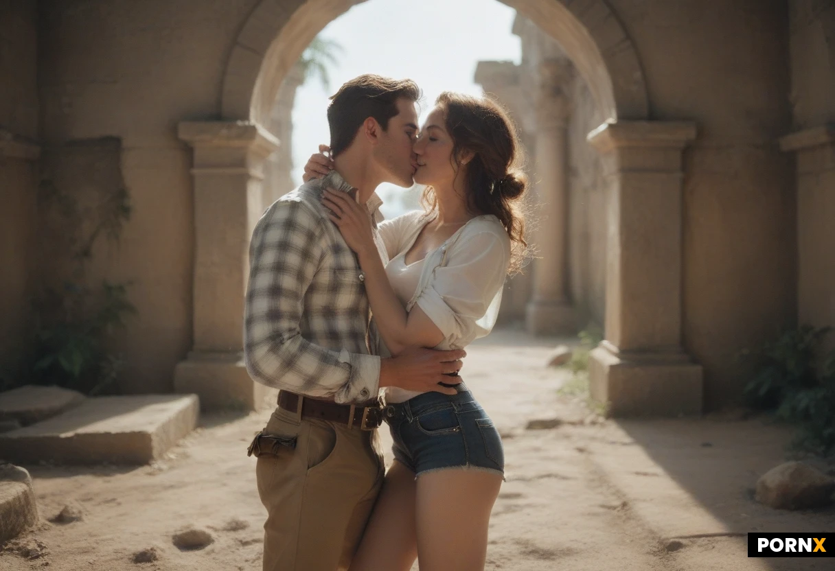 25+, european, extraordinary beautiful woman, archeologist, athletic body, brown hair, medium hair, ponytail, medium breasts, perky breasts, huge erect nipples, slim figure, small ass, skinny thighs, thigh gap, slim waist, perfect legs, portrait, trimed hairy pussy area, he is wearing an unbuttoned plaid shirt with the sleeves rolled up, a white sports bra under the shirt, short denim shorts, ankle boots with a low heel, a leather belt with a silver buckle, a flashlight in a holster clipped to his belt, smile, blushing, without makeup, looking at viewer, close view, on an archaeological dig among the Incas ruins, a woman hugs a middle-aged man around the neck, a middle-aged man holds the woman by the waist, passionate french kiss