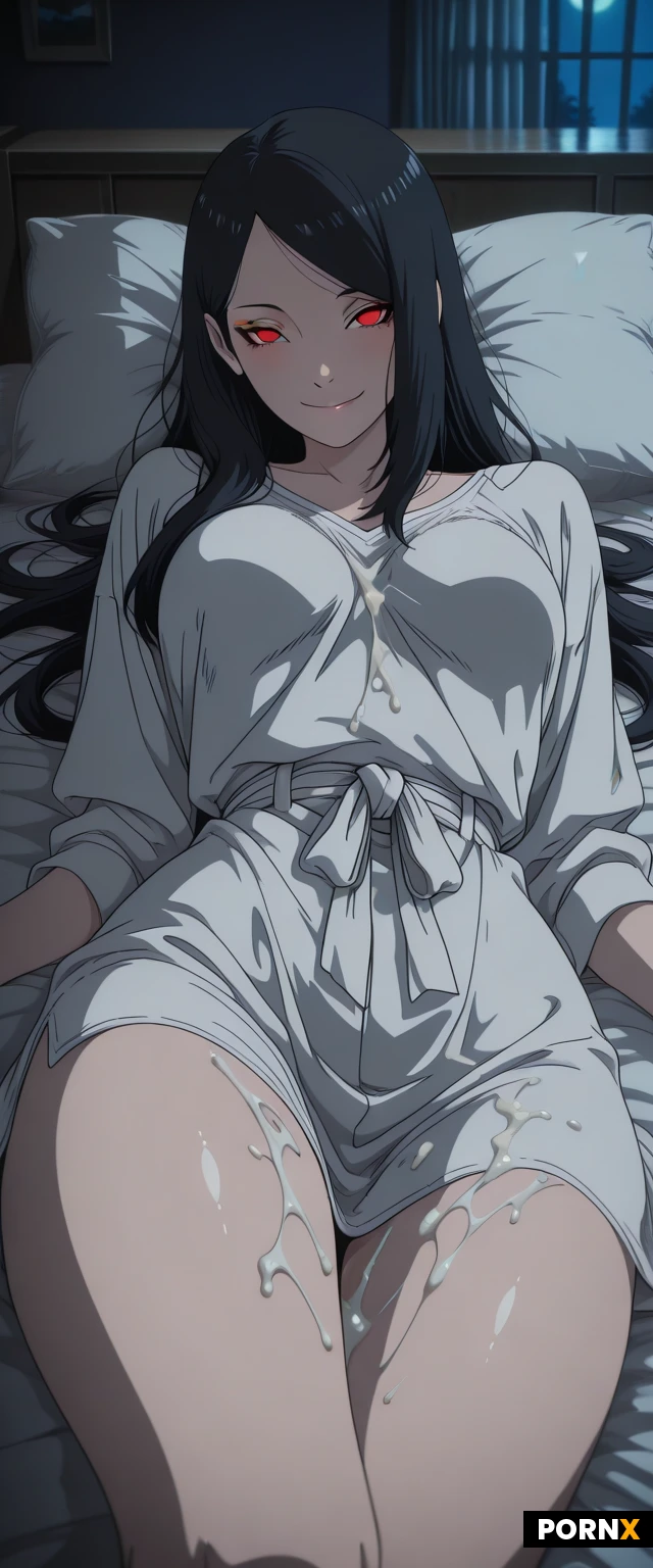 masterpiece, best quality, highres, absurdres, 1girl, solo, looking_at_viewer, long_hair, _eyes, lying, on_bed, messy_clothes, cum_on_clothes, cum_stains, clothed, innocent_smile, cute, bedroom, interior, soft_lighting, night, closeup, detailed_background, Inspired by the bold,visceral styles of asou_asabu202,breaksarada_uchiha,and breakboruto,this scene blends raw sensuality with intricate,artistic detail,capturing every curve and shadow of her cute body,