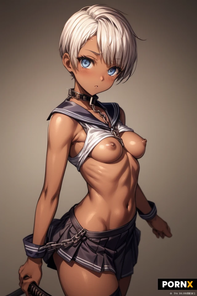 masterpiece, best quality, hentai, anime illustration, 1girl, solo, silver hair, very short hair, blue eyes, cool expression, boyish face, kawaii, dark skin, glowing skin, tiny breasts, small tits, toned body, thin build, collar with a long chain-like leash, sword belt, wearing a katana, wearing a Japanese sword, see-through sailor uniform, see-through thong,
uncensored, no bra, no skirt, no signature, no watermark, no text, whole body