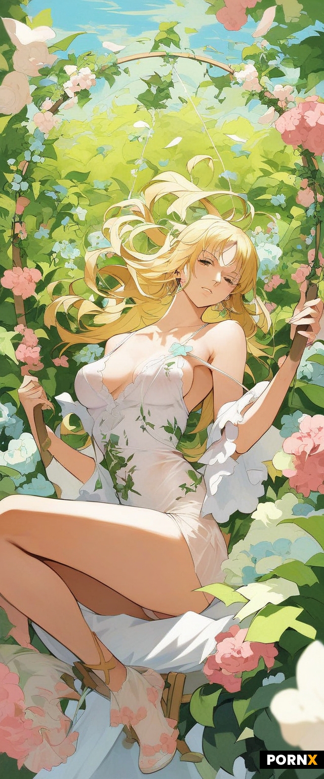 One piece anime style woman sitting on swing in a garden