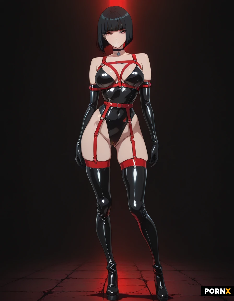 masterpiece, best quality, highres, absurdres, 1girl, solo, black_hair, bob_cut, blunt_bangs, looking_at_viewer, full_body, standing, black_latex, strap_harness, red_straps, metal_choker, high_boots, red_accent, glossy, gothic, fetish, sensual, confident, dark_background, dramatic_lighting pussy spread