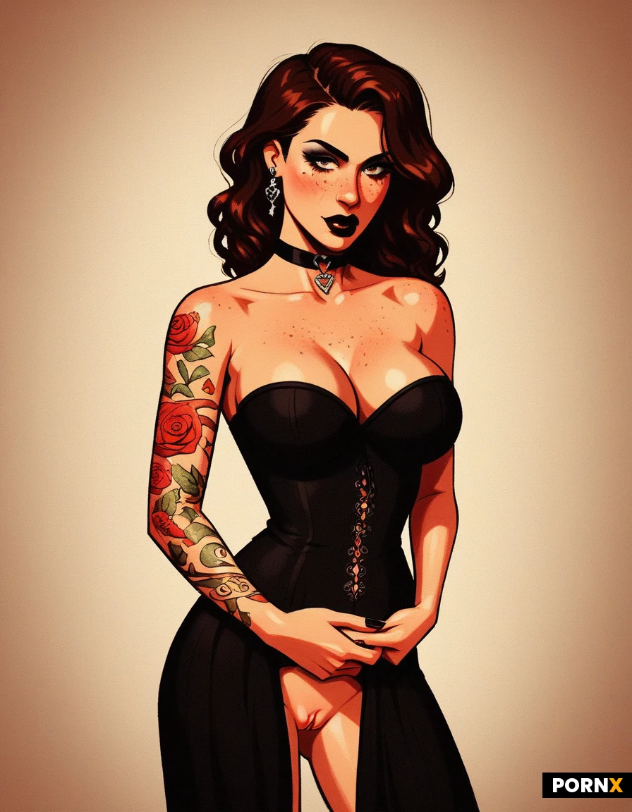1980's cartoon, in a dark romantic room. white woman in a gothic black corset, standing spreading her (small vagina:1.2), thin, freckles, brunette wavy hair, large black angelic wings, gothic tattoos. An expression of exctassy on her beautiful full lips. View from low.