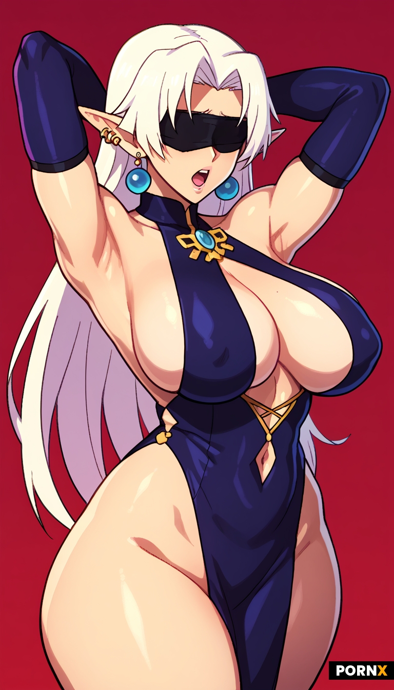 1girl anime_screenshot armpits arms_up black_dress black_gloves blindfold blue_hair breasts curvy dr