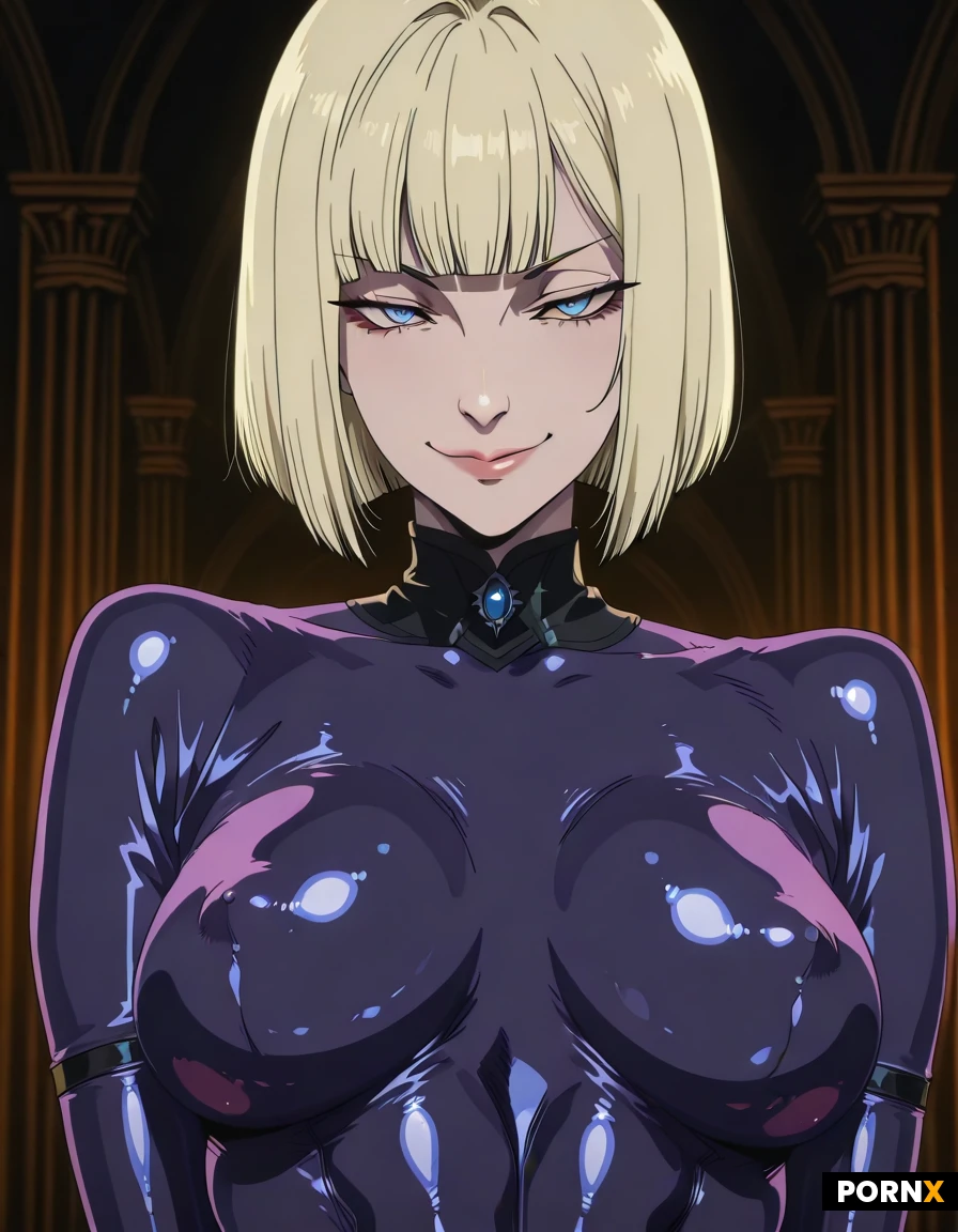 Photorealism. Cinematic lighting. Dynamic closeup portrait POV. Dark night. Gothic mansion. Pretty Blonde American Woman. Short blonde hair. Bobcut bangs. Pretty cute highly detailed horny face. Big blue eyes. Sharp nose. Narrow jaw. Seductive smirk. Skinny athletic fit. Toned abs. Medium perky breasts. Purple (latex:1.5) jumpsuit.