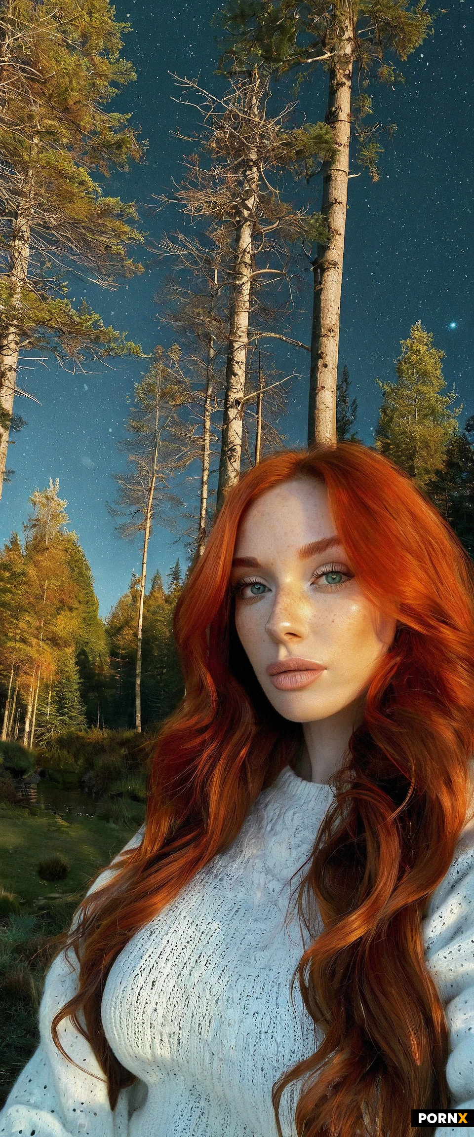 Photorealism. Cinematic lighting. Dynamic closeup portrait POV.
Dark night. Black sky. Stars. Cabin in the woods. Autumn trees.
Gorgeous Ginger Scottish Woman. Long curly ginger hair. Pretty cute highly detailed horny face. Freckles. Bright green eyes. Sharp nose. Narrow jaw. Skinny athletic fit. Medium perky breasts. White cozy sweater. Blue jeans. Brown boots with the fur. Brown coat. Hot chocolate.