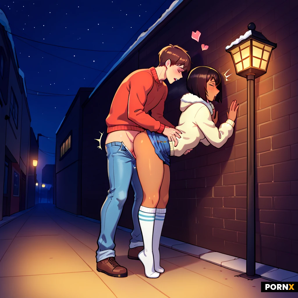 beautiful latina woman, long dark hair with bangs, slender body, small breasts, tanned skin, standing doggystyle, bent over, from behind, sex, winter outfit, oversized knit sweater, thigh-high socks, no pants, cozy, bus stop at night, street lights, empty street, public, masterpiece, best quality, highres, absurdres, duo, 1boy, 1girl, tall_man, short_hair, bob_cut, tiny_female, short_female_legs, short_female, full_body, standing, grabbing, leaning, tiptoes, hidden_face, white_skirt, denim_jeans, street, night, dramatic_lighting, hearts, nsfw, sex