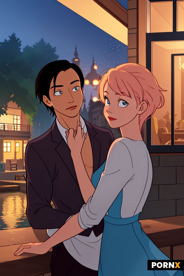 A romantic cartoon illustration set in Amsterdam at sunrise
