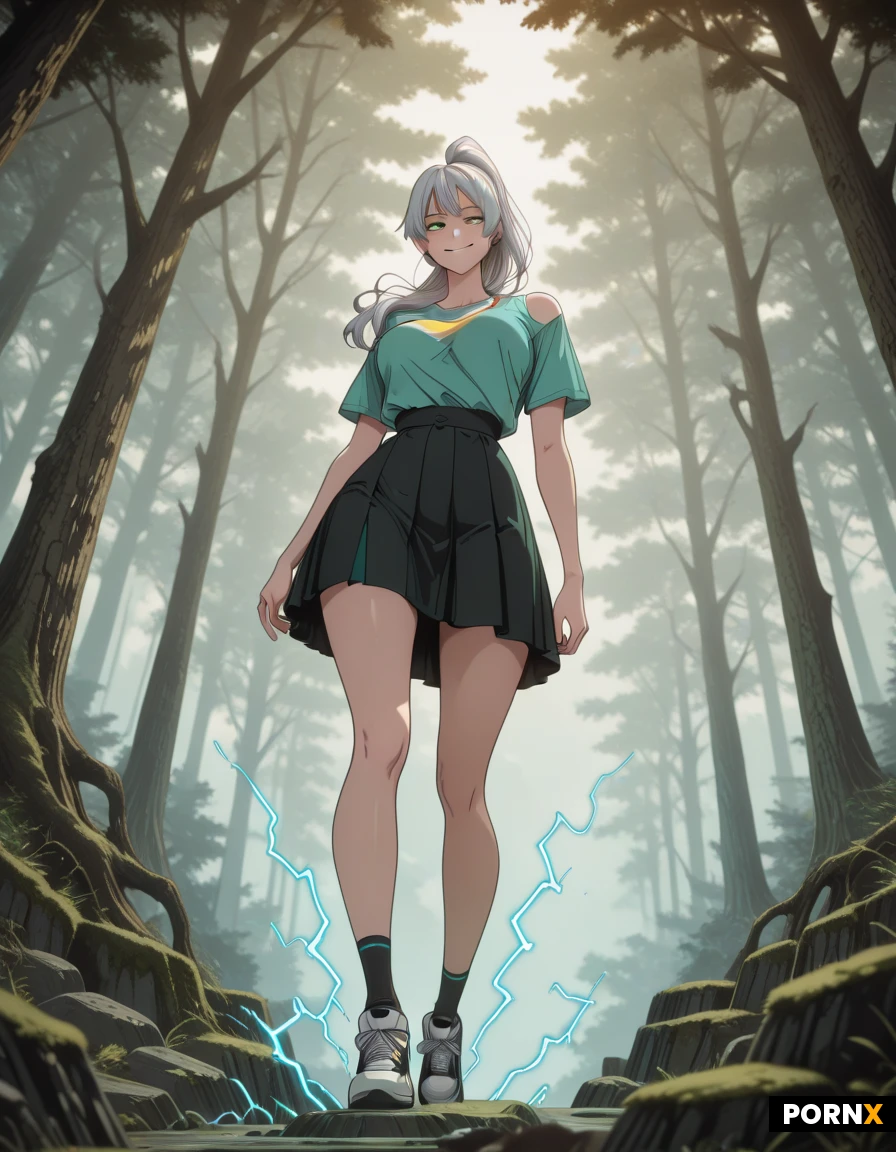 The scene depicts a trainer of fantastical creatures in her twenties, featuring flowing silver hair tied in a high ponytail, piercing aqua-green eyes, and a faint yet determined smile. She stands alone on a moss-covered stone platform in an energetic pose: one hand clutches a fantastical sphere crackling with electricity, while her other arm is flexed, highlighting toned shoulders; she wears a form-fitting colorful T-shirt, a skirt, socks, and sneakers. A delicate rim light from the setting sun filters through ancient trees, casting dramatic shadows and a faint cyan mist that swirls around her feet. The shot is taken from a low angle with a shallow depth of field, keeping the trainer in sharp focus while the enchanted forest blurs into a magical backdrop. The image is rendered in an ultra-realistic digital painting style, featuring richly detailed textures and cinematic coloring.