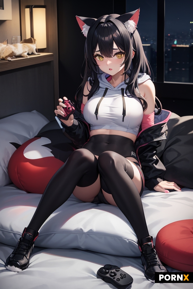 40 year old woman cat ears holding video game controller crop hoodie leggings on bean bag