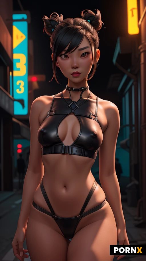 Woman, Asian, dynamic view, Portrait View, dark hair, double bun, neon lights, cyberpunk, alley, athletic Body, small breasts, small nipples, (naked), exposed breasts, perfect face, wide hips, (leather thong), chest harness around breasts, night