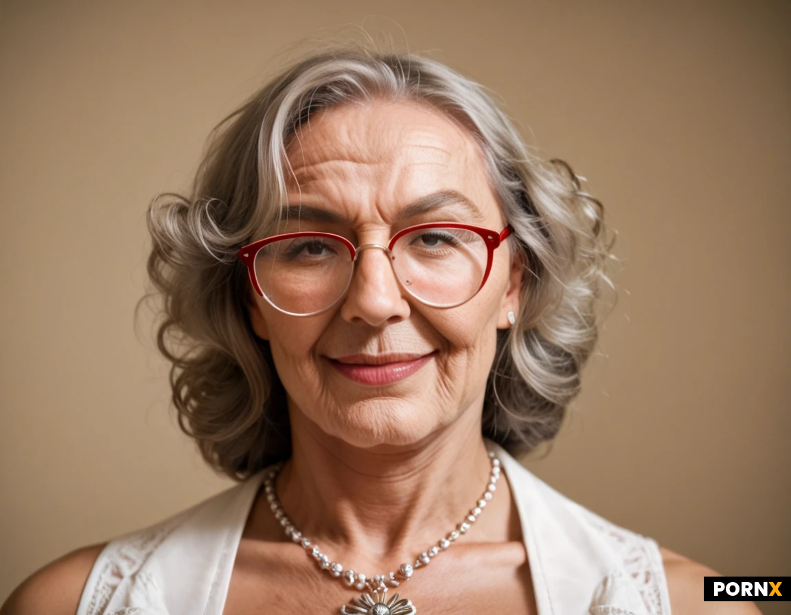 (((((gilf))))), german,mature woman, late 50s, curvy, full figured, voluptuous build, broad hips, thick waist, soft belly, full bust, rounded shoulders, warm light medium skin, softly rounded face, full cheeks, rounded chin, soft jawline, natural facial fullness, voluminous dark brown curly hair, chestnut highlights, subtle gray strands, thick messy curls, loose curls over forehead, expressive gray brown eyes, naturally arched eyebrows, pronounced smile lines, visible crow's feet, subtle forehead wrinkles, delicate rimless glasses, thin red eyeglass temples, straight nose, full natural lips, broad warm smile, visible white teeth, cheerful expression, confident presence, welcoming demeanor, navy blue tailored blazer, slightly fitted waist, white blouse, open collar, unbuttoned top button, cleavage, modest decolletage, delicate silver necklace, small pendant, relaxed upright posture, frontal pose, direct eye contact, relaxed shoulders, head and shoulders portrait, light beige studio background, soft diffused lighting, warm natural colors, realistic skin texture, visible pores, natural wrinkles, authentic aging signs, individual hair strands, sharp expressive eyes, shallow depth of field, professional business photography, editorial portrait, photorealism, realism