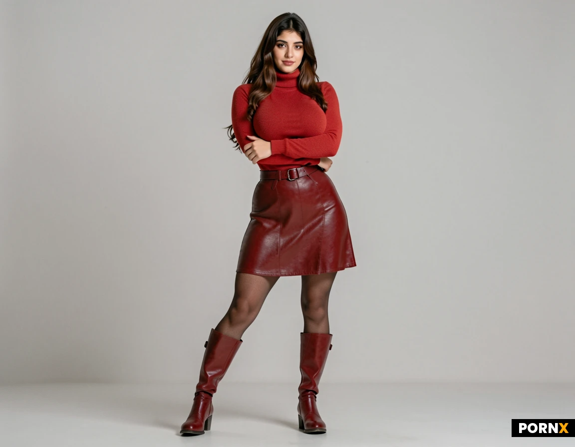masterpiece, best quality, highres, absurdres, solo, turtleneck_sweater, red_sweater, red_leather_skirt, tights, leather_boots, crossed_arms, standing, looking_at_viewer, seductive_smile, full_body, dancing, indoor, simple_background, soft_light, front_view, cinematic_lighting.
