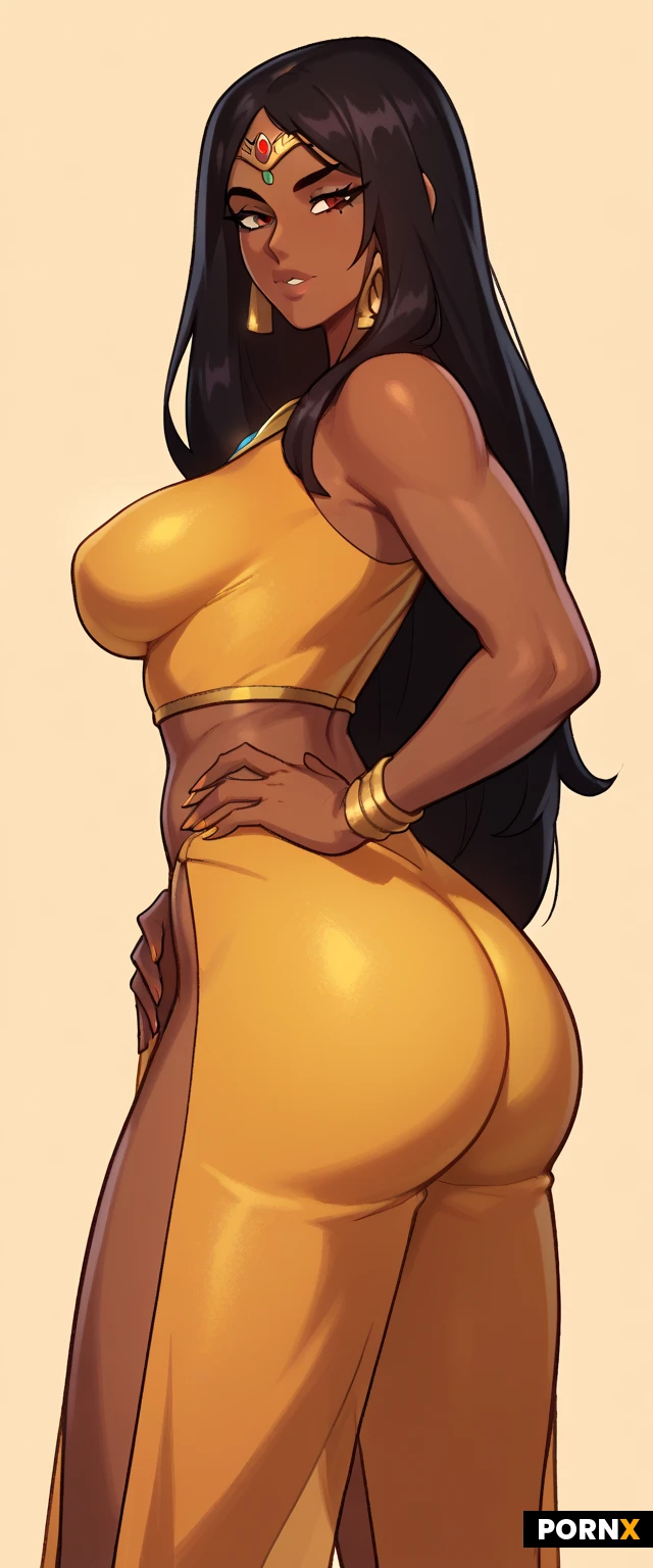 Brown skinned woman, South Indian, 18 years old, sexy, brown eyes, black hair, long hair, bangs, , medium breasts, perky breasts, slim ass, midriff, hip lines, busty, hip lines, princess