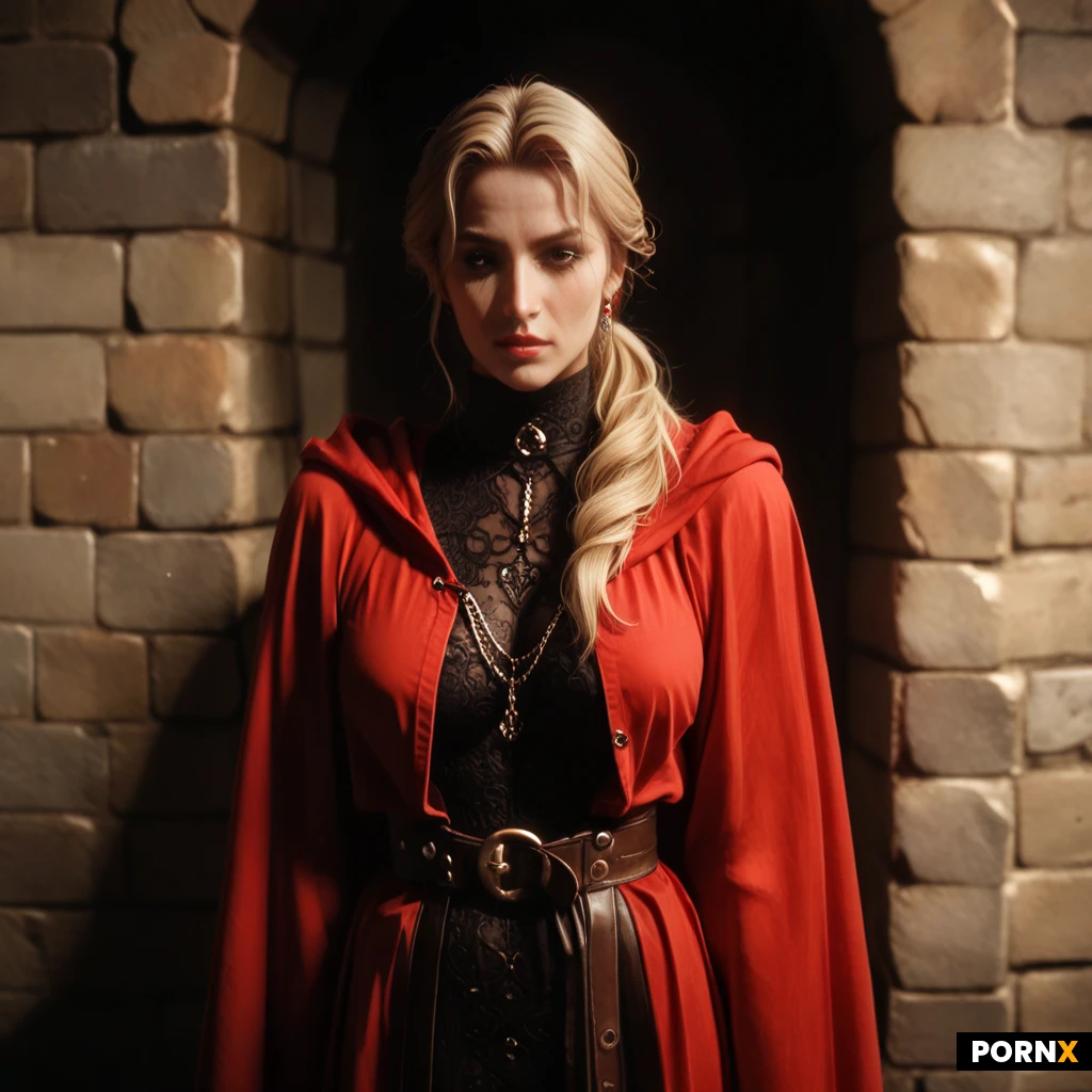 Female Inquisition Member with blonde ponytail hair standing in front of black wall in medieval cellar. wearing red leather top and red robe with hood. (frontal view:2.0)
