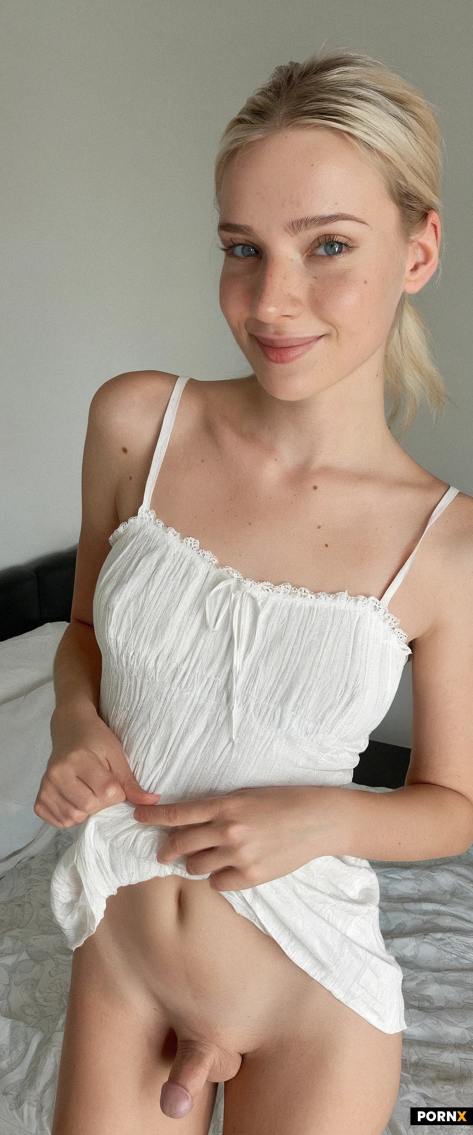 cute European woman standing,looking at the viewer,dress lift,smiling,no makeup,18 years old,(soft body),(cute face),(round face),freckles,simple short white sundress,(small penis),testicles,bedroom,simple ponytail,blue eyes,blonde hair,light skin