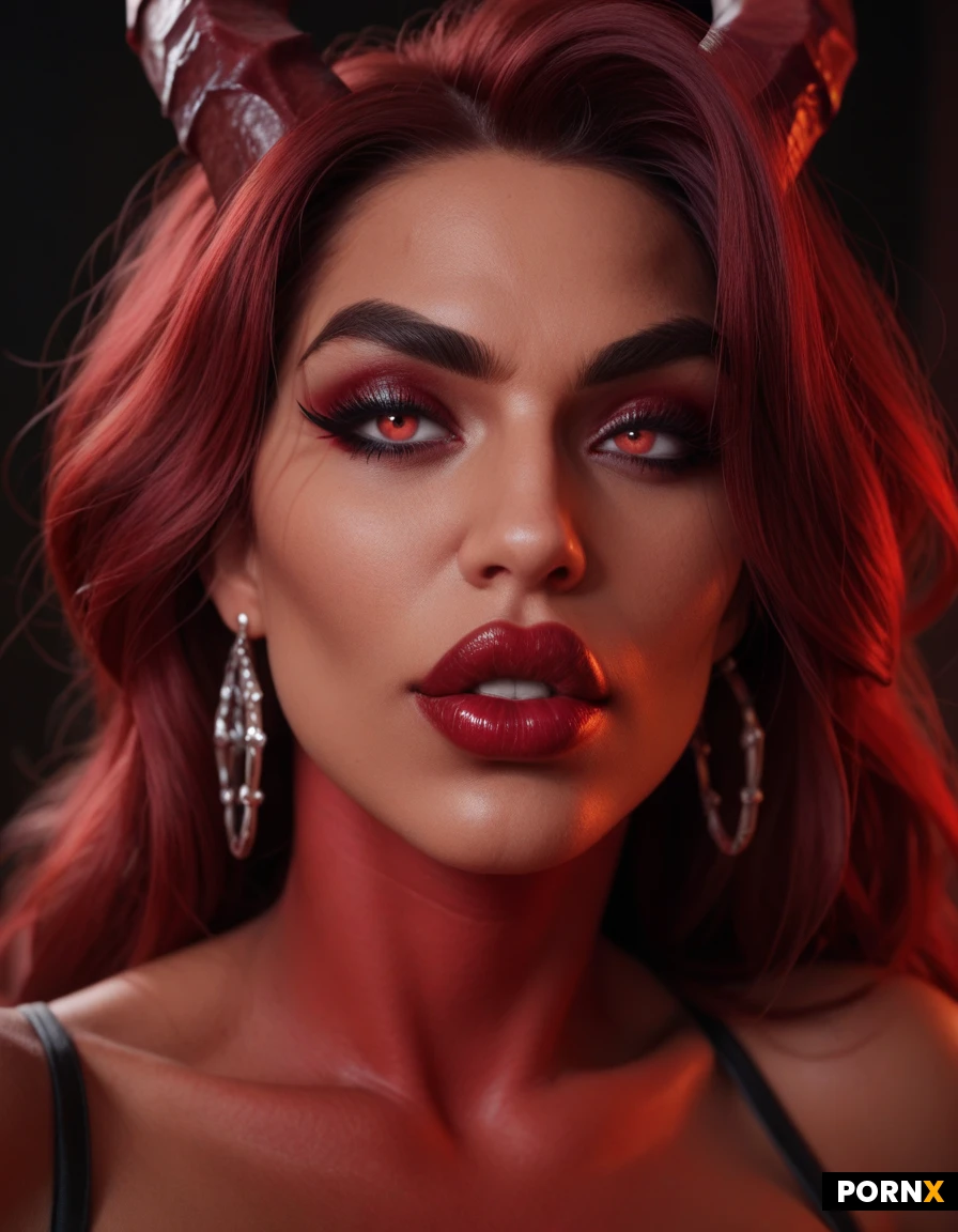 Woman, russian, deep crimson red skinned hot satan, thick big lips, thick big eyeliner, thick big eyebrows, thick big eyeshadows gives more detailed satan looks