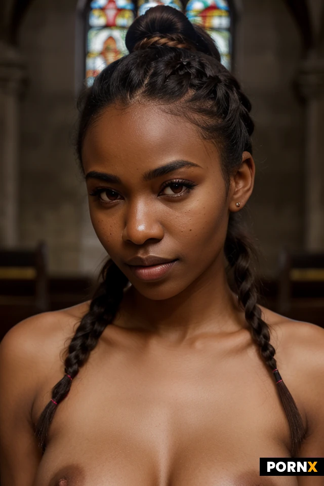 Woman, One, Thick, Naked, Dark scene, Closeup Portrait, Church, Brown eye color, Pubic hair, Mountains, Natural breasts, Medieval clothes, Rounded breasts, Serious face, Black, Nigerian, Dark skin, Ombre, 18 Years old, Small breasts, Cute face, Braided hair, Hair bun