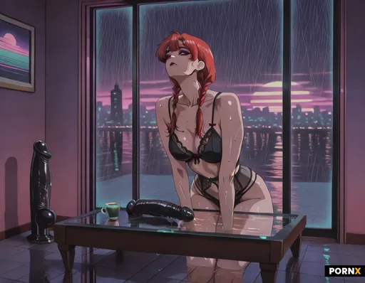 A Latina woman in her 30s with red hair in braided pigtails