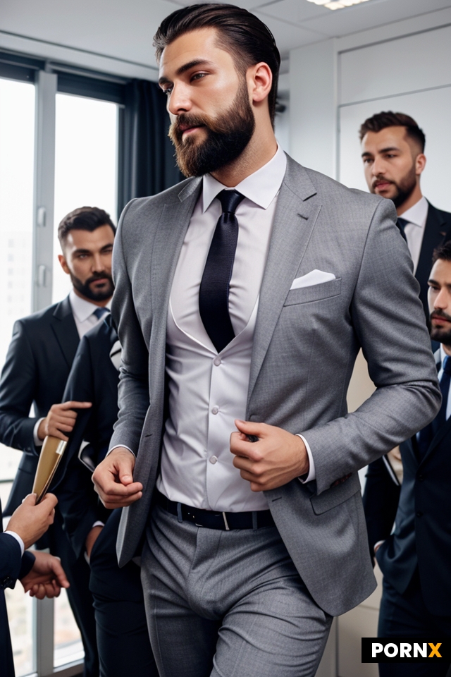 One smooth guy in his underwear is surrounded by many bearded businessmen and men in formal suits in