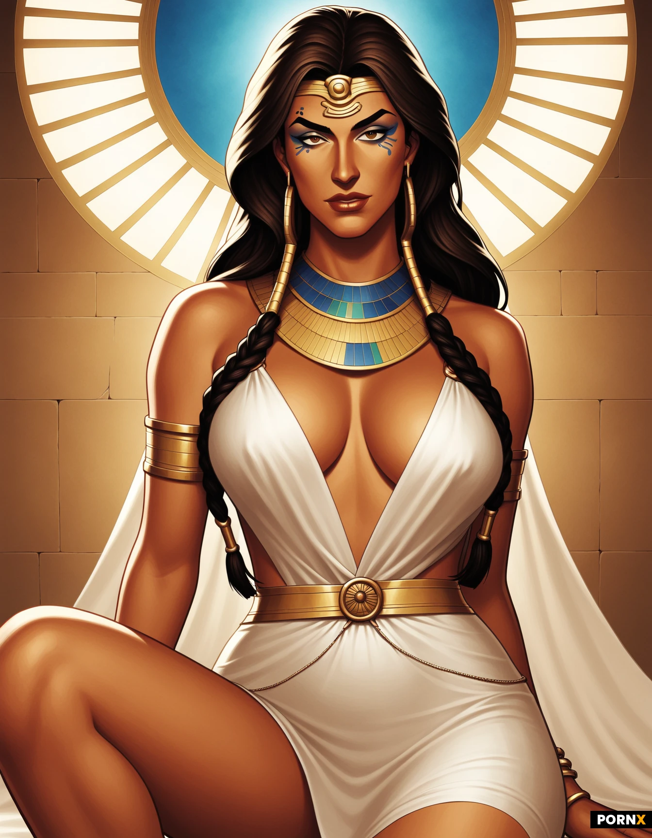 A radiant adult Egyptian woman in her twenties, her warm bronze skin glowing under soft, golden rim lighting, gazes gently with almond-shaped brown eyes framed by thick, arched eyebrows, her long, dark hair styled in intricate braids adorned with tiny lapis lazuli beads. She reclines gracefully on an ornate stone chaise, her slender arms draped over plush, sheer linen that hints at her curves, while a delicate gold necklace and cuff bracelets catch the light, emphasizing her regal sensuality. The scene is set within a lavishly decorated chamber, with hieroglyph-etched columns and flickering oil lamps casting warm amber shadows that deepen the atmosphere. A shallow depth of field focuses on her face and upper torso, with a low, intimate camera angle that accentuates her poised elegance. Rendered as a hyper-realistic digital painting with rich textures and subtle grain, the composition evokes the timeless allure of ancient Egypt.