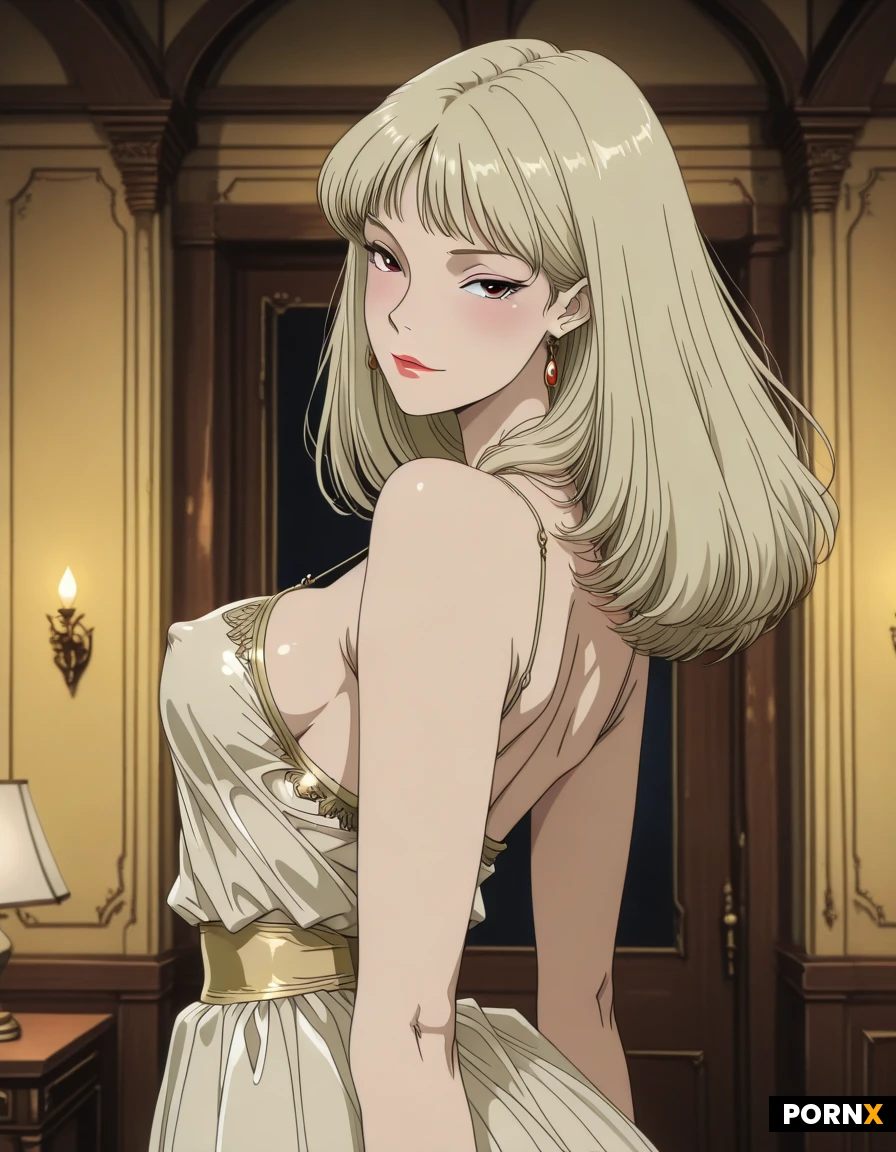 fair damsel, long blond hair, white golden delicate dress. luring someone in her room. from behind, bending back to viewer, seductive. teasing nipple shown. medival background.
