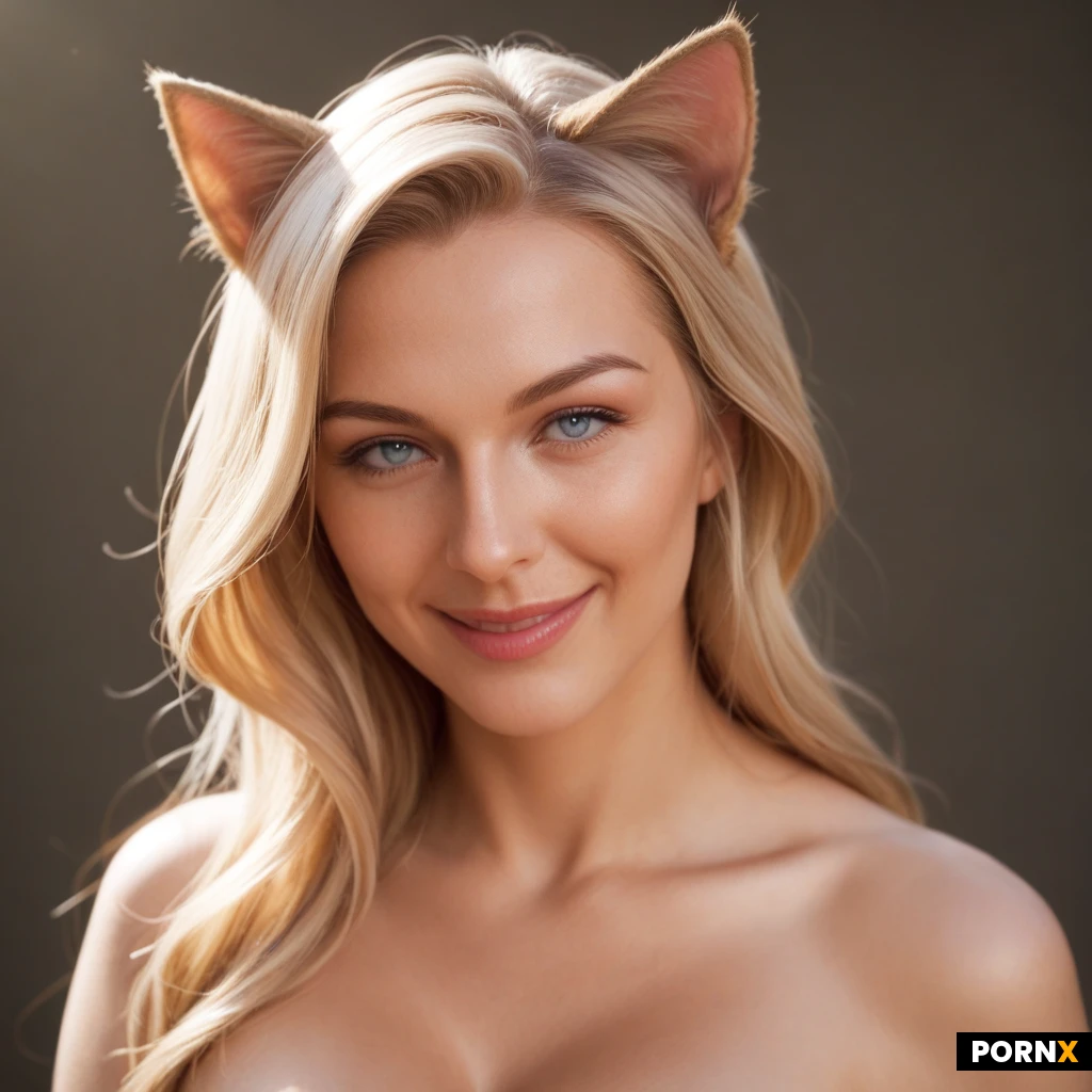 24 years old woman. Fair white skin, blue eyes. Blonde hair, long hair, hair on the side. Cat ears. Slight smile. Facing the viewer, looking directly at the viewer, head straight, direct eye contact, upper body visible, cleavage. Average body, average breasts. Nude. Fantasy character, detailed face, expressive eyes, clean rendering, soft cinematic lighting, simple neutral background.