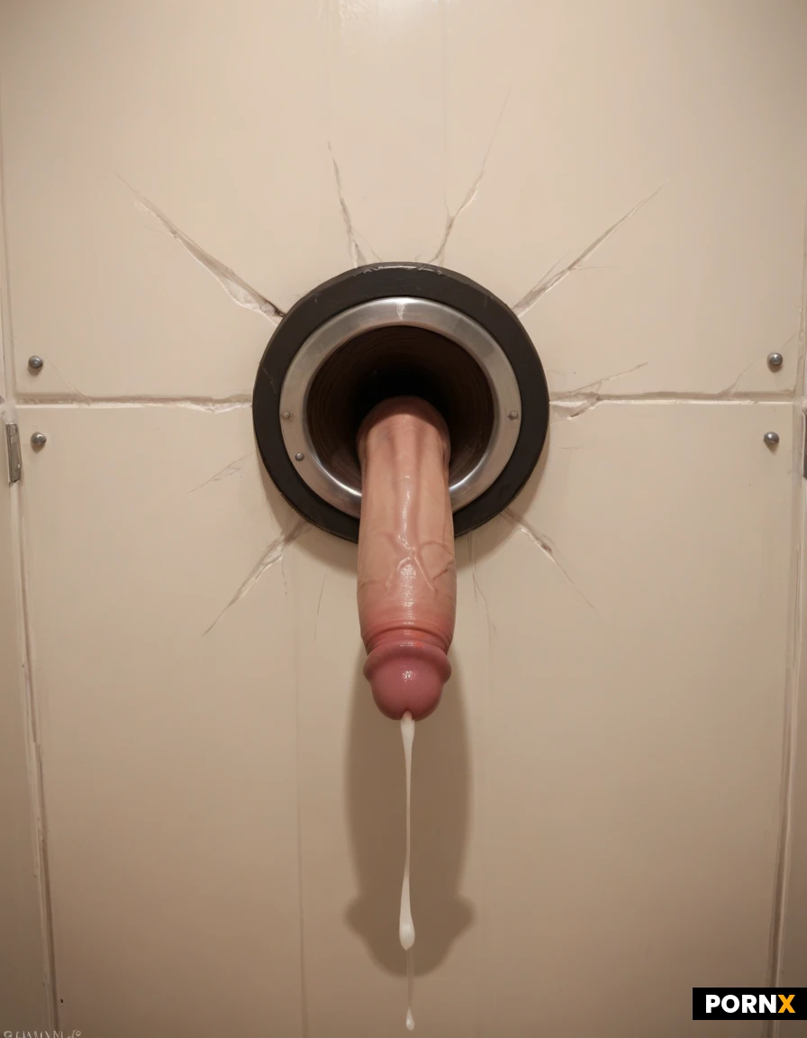 glory wall, penis sticking through hole in wall, machine milking penis, penis through wall, hole in wall, ejaculation, cum dripping, dark lighting.