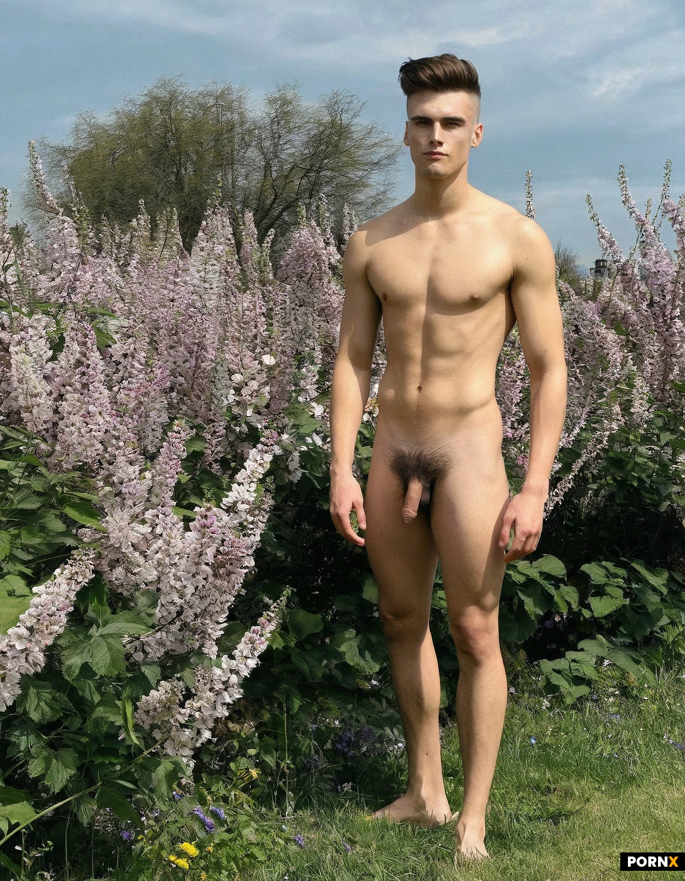 Polish man 20 years old, handsome, short, clean shave, Volumised Quiff, nude, scrawny physique, barefoot, micro penis with no pubic hair, in middle of flower garden, grass field, blossom trees in background, full body portrait,