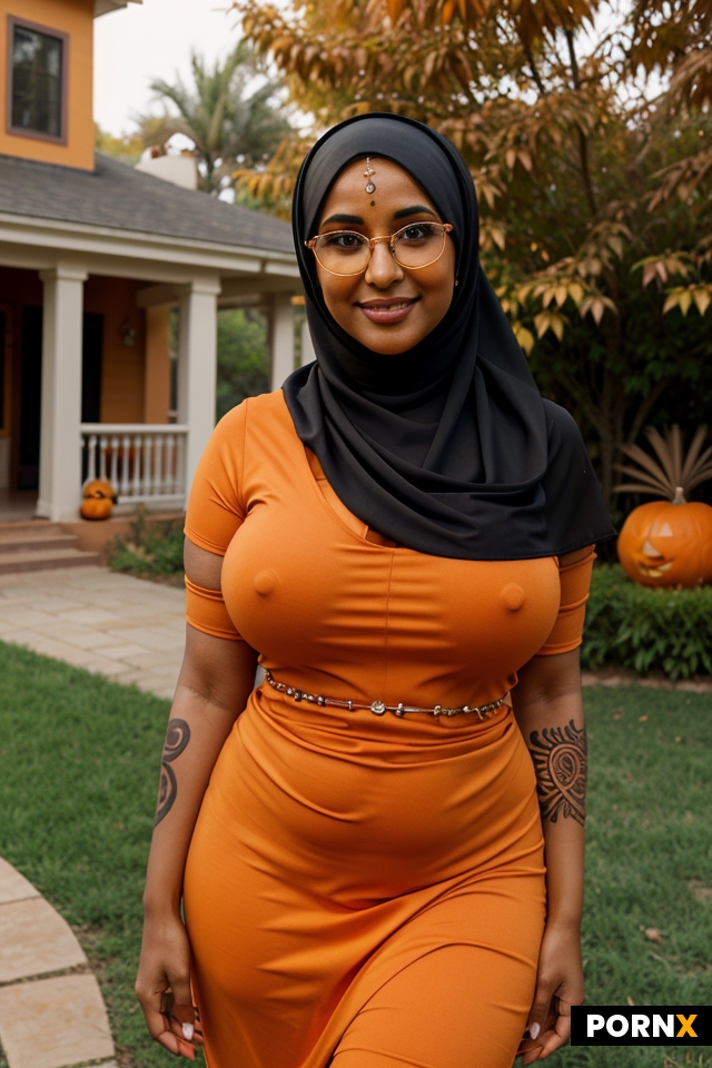 orange hijabi woman short legs