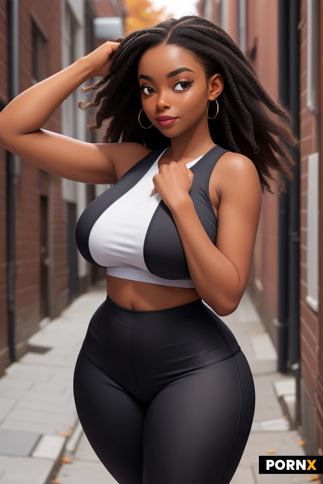 Dark skin, African, busty, curvy, loose-draping sleeveless tank top, leggings, lifting her shirt up. Autumn, city alleyway