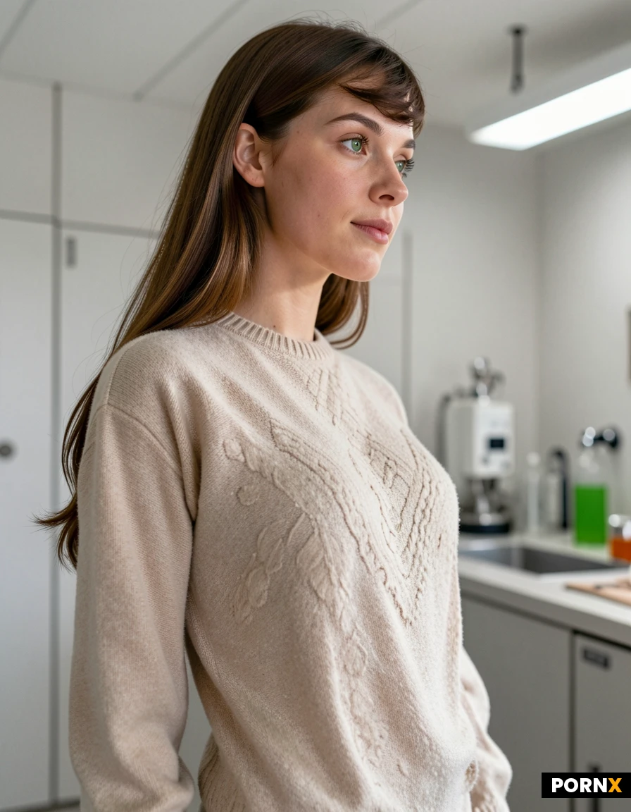 masterpiece, best_quality, highres, absurdres, solo, standing, laboratory_setting, white_sterile_room, soft_overhead_lighting, a woman with chestnut hair and green eyes, fair skin, wearing an orange coverall over a white sweater, looking directly at the viewer with soft devotion and warmth, a gentle smile on her lips, hands loosely at her sides, cool clinical light with a warm undertone, intimate eye contact, cinematic, high_detail, digital_art, vibrant_colors