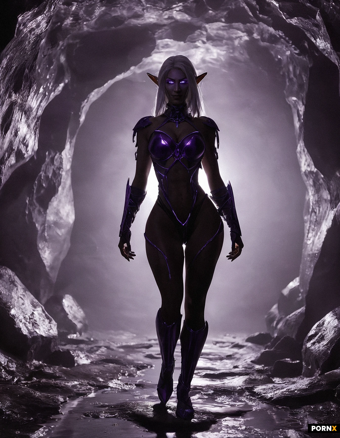 A lean, muscular dark-elf woman in her early 40s stands nude in a shadowy cavern, her jet-black skin shimmering with subtle violet-purple highlights and her stark white hair falling in thick, glossy strands around her shoulders. A single delicate silver chain hangs from her neck, slipping down to graze her hips and accentuating the curve of her bare torso, where her nipples glow a vivid purple. She fixes the camera with piercing violet eyes and a superior, supercilious smile, her posture confident and slightly twisted to showcase her chiseled physique. Soft phosphorescent fungi cast an eerie, cool glow, creating rim lighting that outlines her muscular arms and legs while a shallow depth of field blurs the cavern walls, emphasizing her face and the chain. The dynamic low-angle shot captures the scene in hyper-realistic digital art style, with rich textures, dramatic contrast, and cinematic atmosphere.