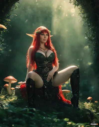 The scene features an alluring adult elven woman with cascading golden hair