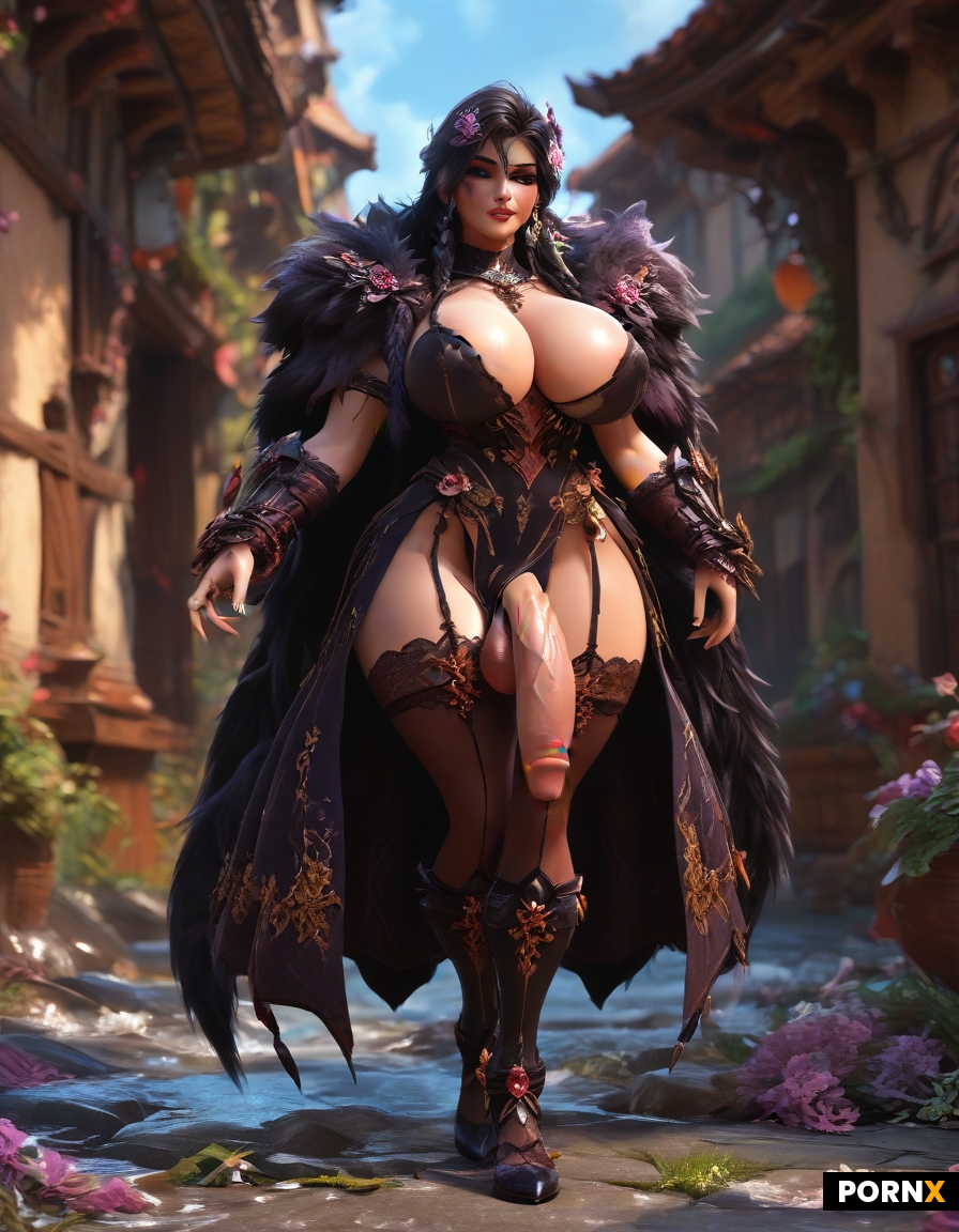 Voluptuous futanari with massive penis and big ball-sack