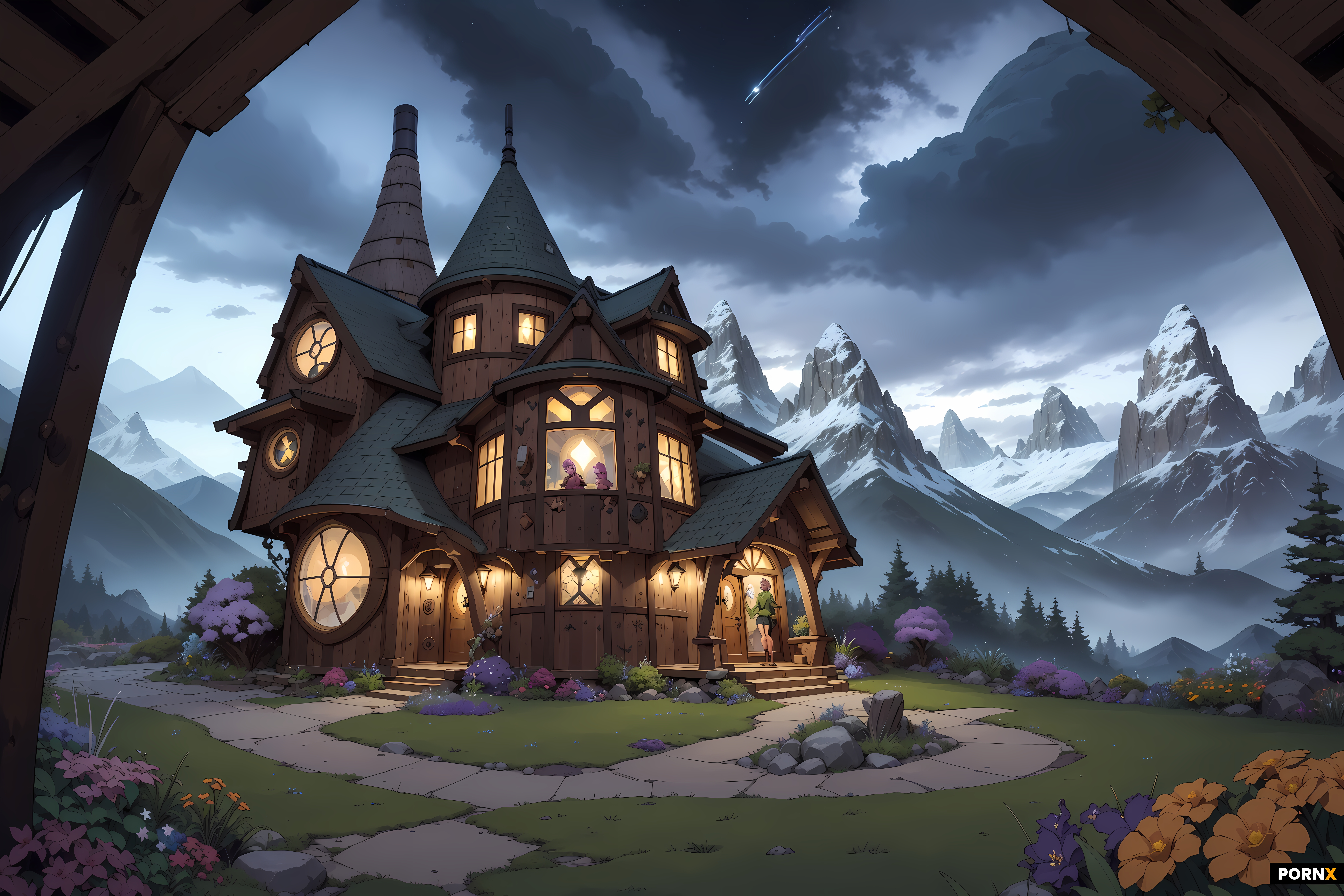 A short sexy goblin woman with pierced ears in front of a futuristic sci-fi style hobbit house in th