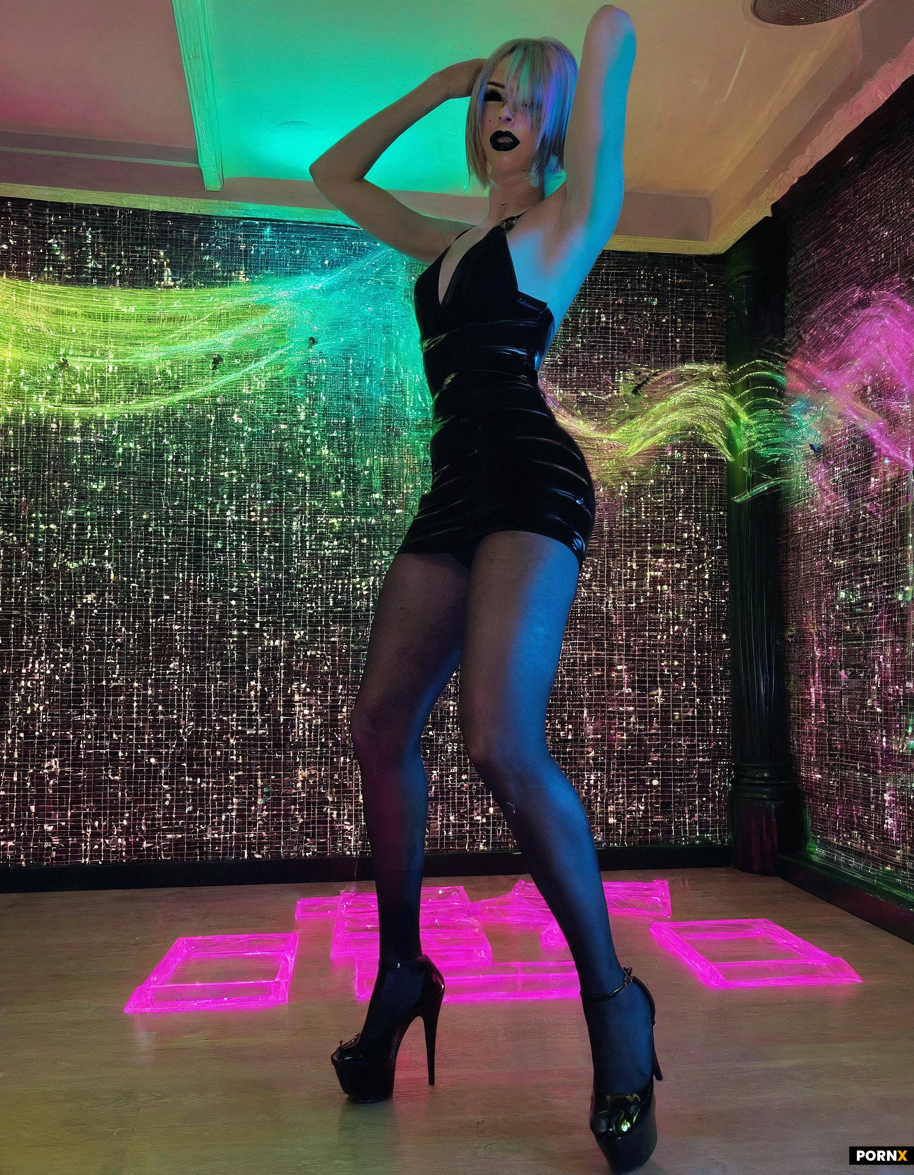 cute Femboy with fake tits wears a sexy black dress to a nightclub