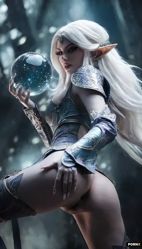 An ethereal adult sorceress with flawless pale skin and a smattering of freckles gazes directly at t