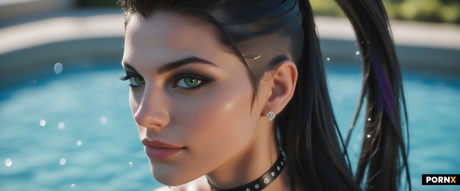 profile view, cock in her mouth, masterpiece, best quality, highres, absurdres, 1 very seductive supermodel woman, slender pointed nose, wide jaw, solo, looking_at_viewer_very_intimately, from_above, close-up face, sexy body in the background, long hair, black hair, purple highlights, sidecut, ponytail, brilliant luminous green eyes, heavy black eyeshadow, heavy black mascara, heavy black eyeliner, dark tan skin, sly half smirk, bedroom eyes, seductive and horny, choker, topless, toned body, deep cleavage, round perky breasts, spherical breasts, medium-large breasts, wet, water droplets on her skin, touching her nipples, erect nipples, high contrast, vibrant colors