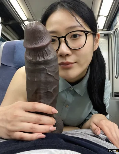 Nerdy Korean woman in her 20s is sitting on busy korean train